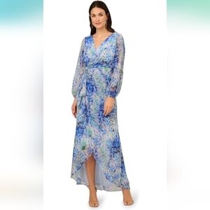 NWT Adrianna Papell Abstract Floral Metallic Chiffon Blue High-Low Dress Size 10
